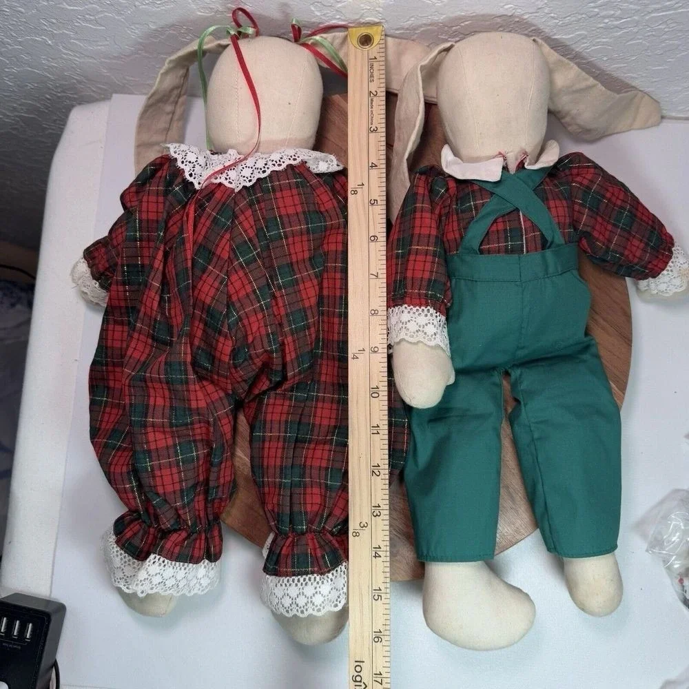 Vintage Cotton‎ Christmas Bunny Dolls Boy Girl Plaid Outfit 17
